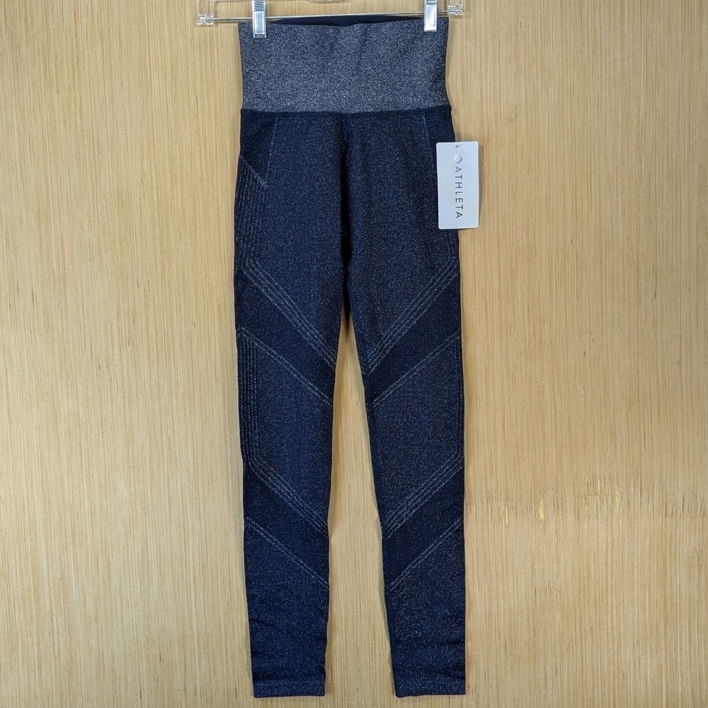 Athleta Twilight Tight 2.0 Navy Blue Metallic Shine Leggings Size XS Active Gym